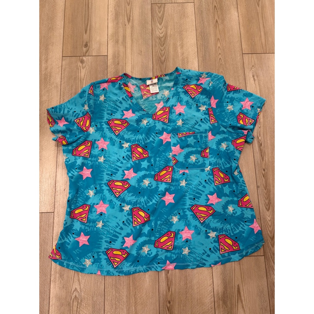DC Comics Superman Scrub Top 3XL Blue Tie Dye Star Print V-Neck Medical Uniform